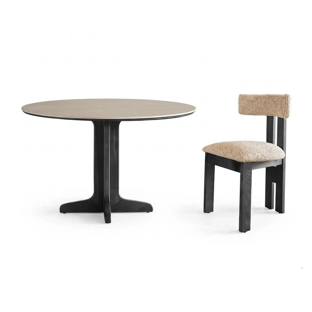 Travertine Sintered Stone Dining Table with Solid Ash Base and Integrated Tray