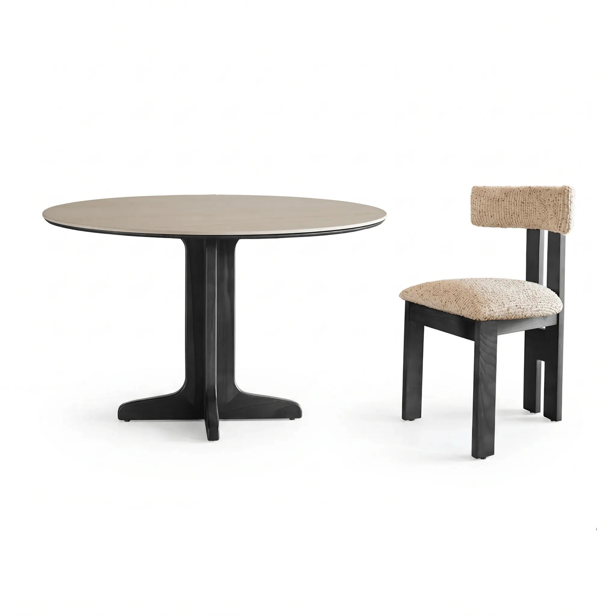 Travertine Sintered Stone Dining Table with Solid Ash Base and Integrated Tray