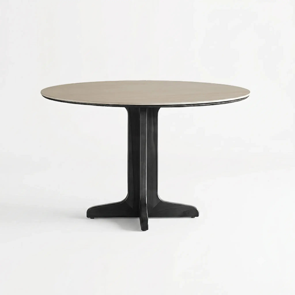 Travertine Sintered Stone Dining Table with Solid Ash Base and Integrated Tray