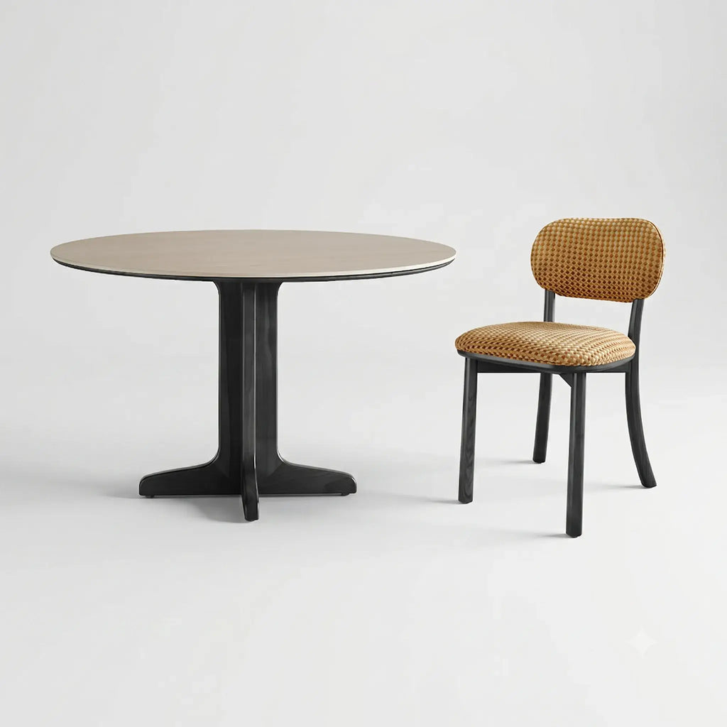 Travertine Sintered Stone Dining Table with Solid Ash Base and Integrated Tray