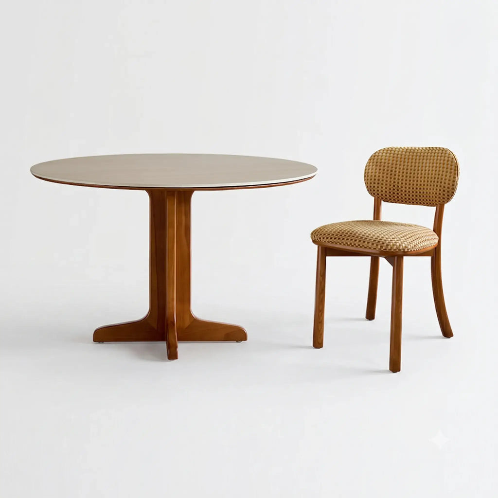 Travertine Sintered Stone Dining Table with Solid Ash Base and Integrated Tray