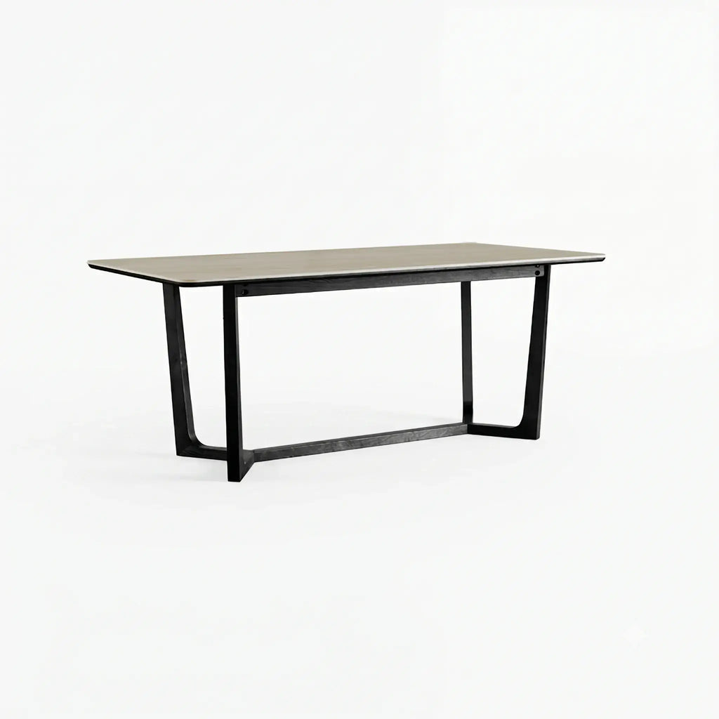 Travertine Sintered Stone Dining Table with Y-Base Solid Ash and Woven Seating