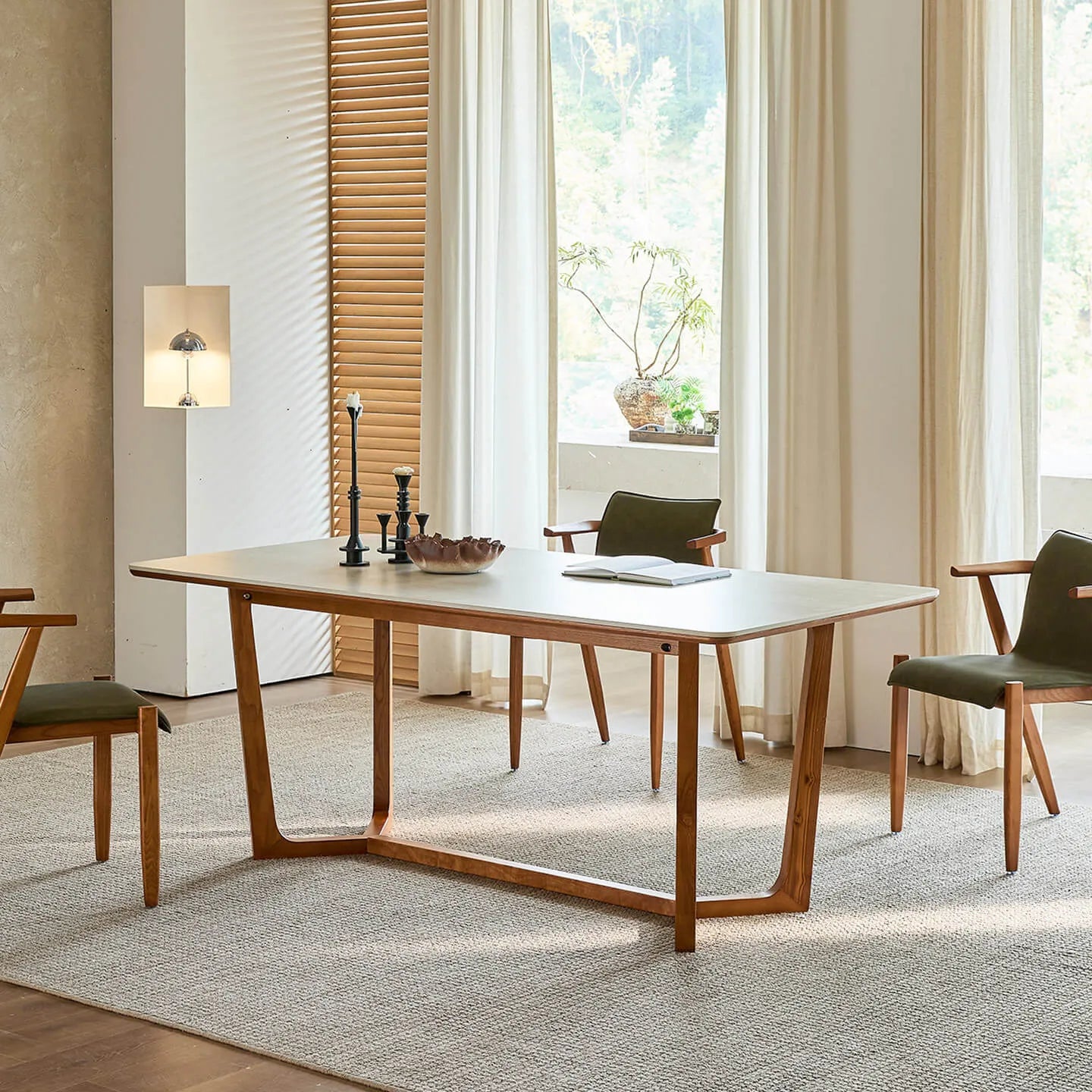 Travertine Sintered Stone Dining Table with Y-Base Solid Ash and Woven Seating