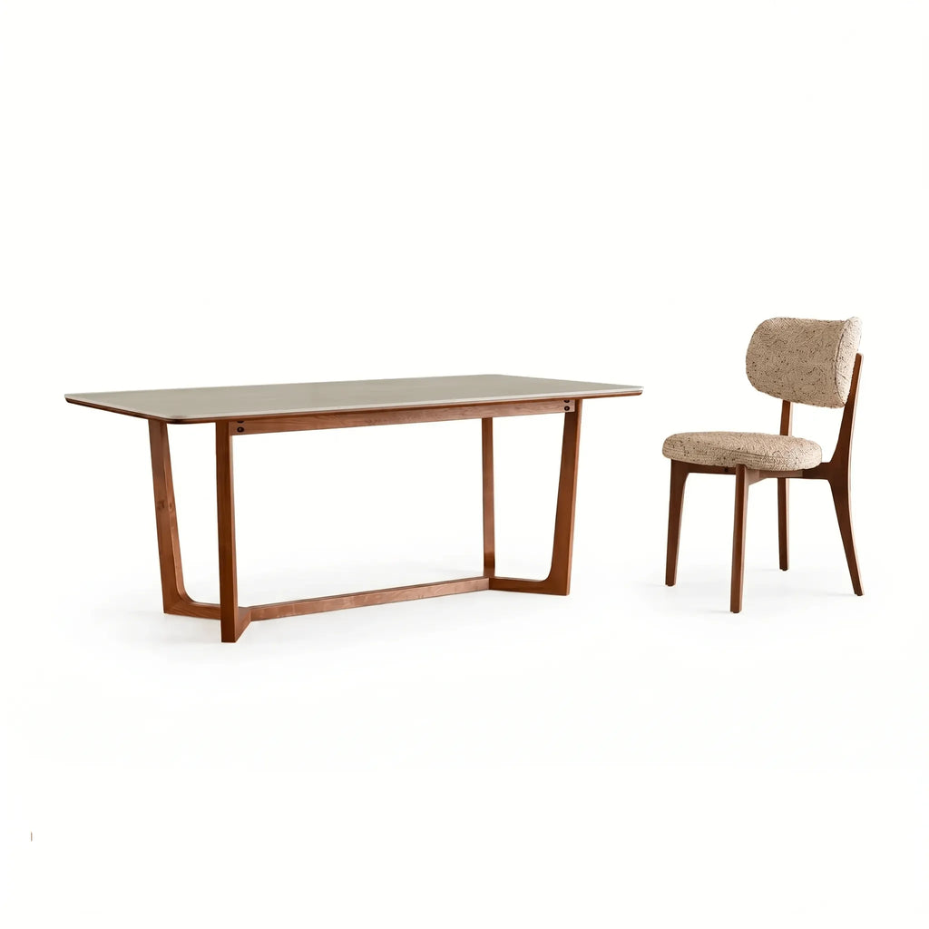 Travertine Sintered Stone Dining Table with Y-Base Solid Ash and Woven Seating