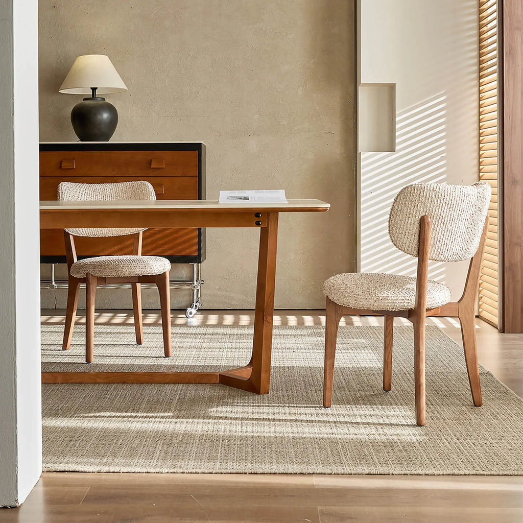 Travertine Sintered Stone Dining Table with Y-Base Solid Ash and Woven Seating