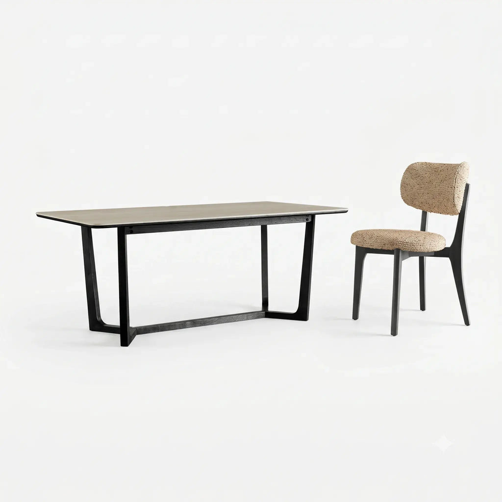 Travertine Sintered Stone Dining Table with Y-Base Solid Ash and Woven Seating