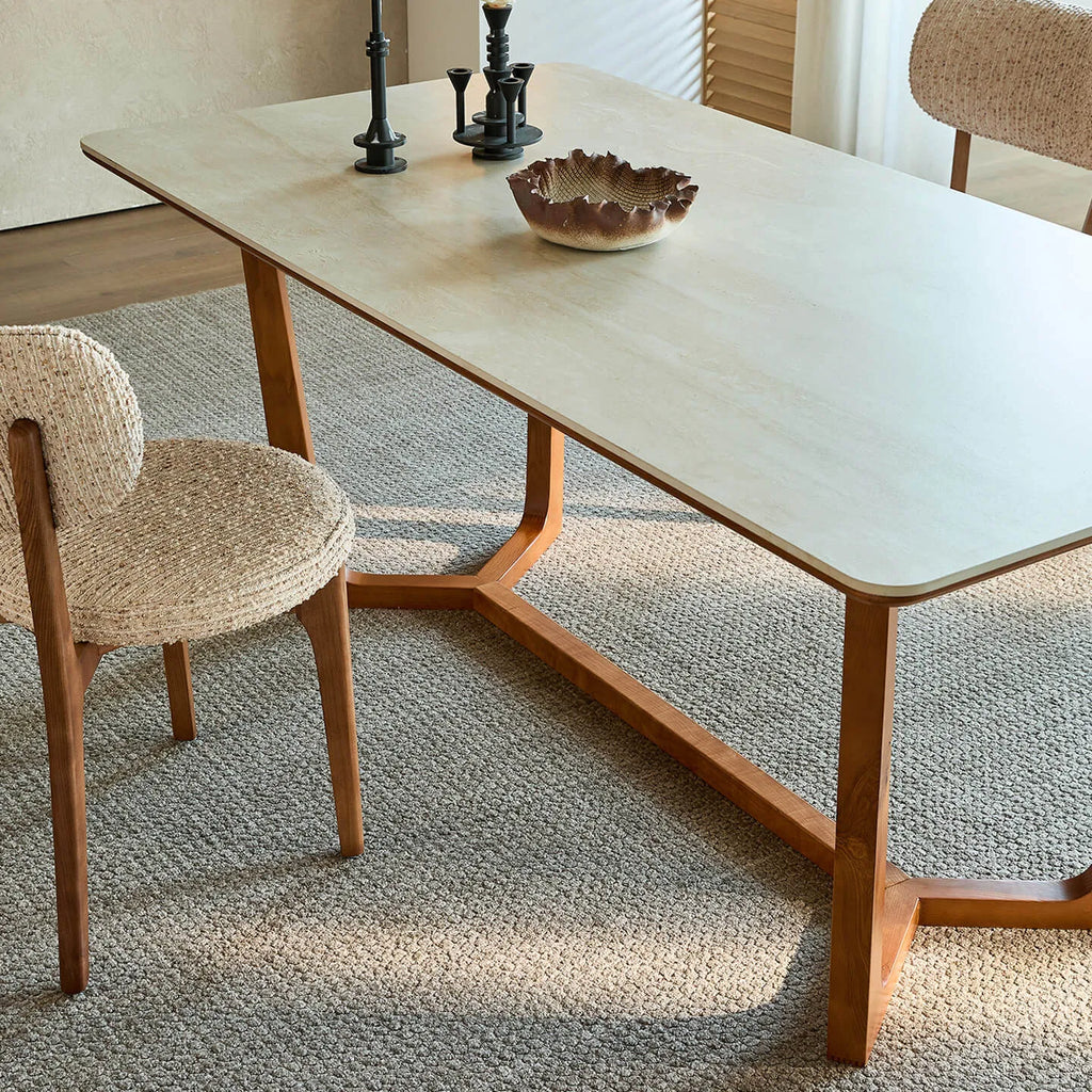 Travertine Sintered Stone Dining Table with Y-Base Solid Ash and Woven Seating