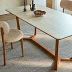 Travertine Sintered Stone Dining Table with Y-Base Solid Ash and Woven Seating