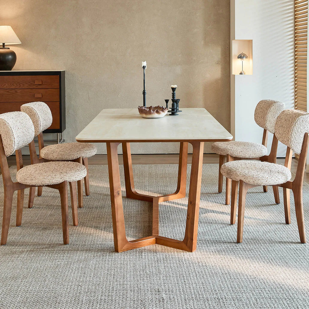 Travertine Sintered Stone Dining Table with Y-Base Solid Ash and Woven Seating Main Product Image