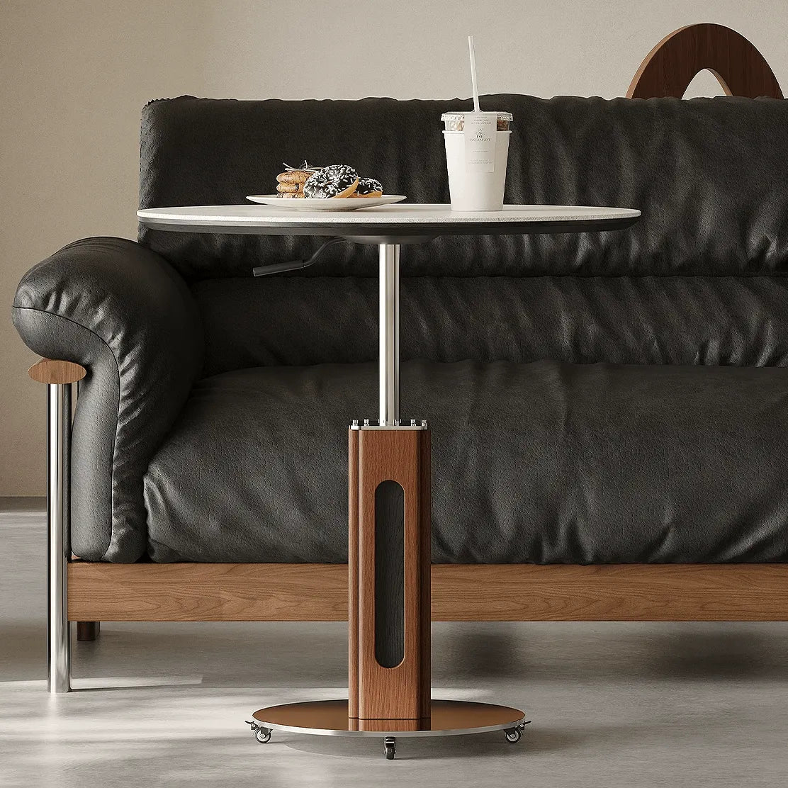 Travertine Sintered Stone Side Table with Lift Top and Casters