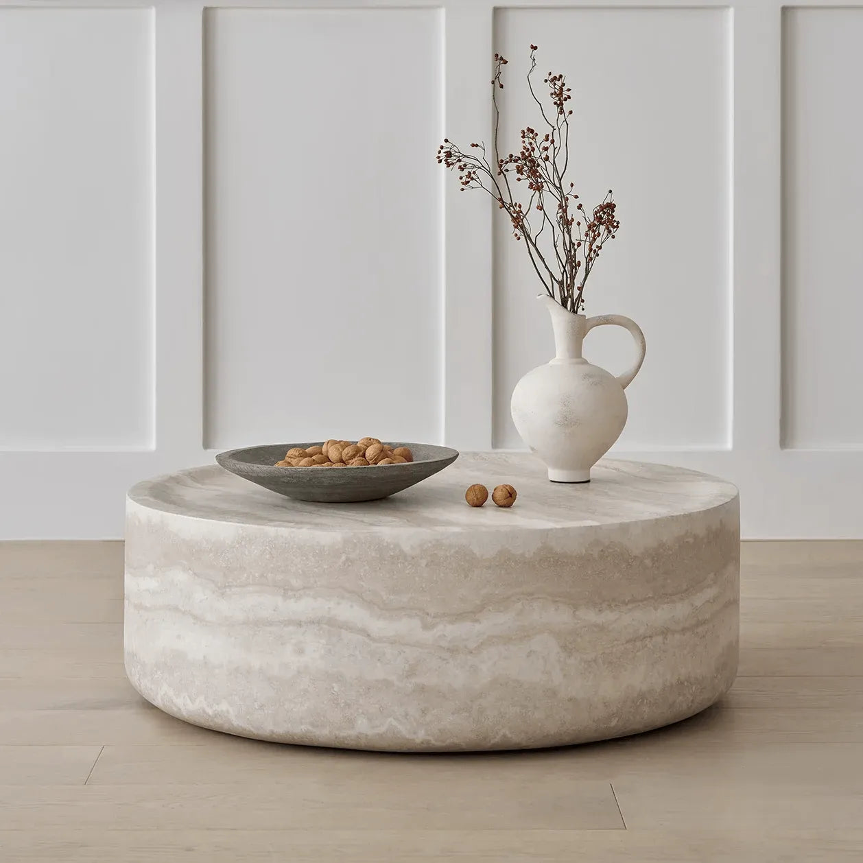 Travertine Textured Sculptural Coffee Table With Concave Edge