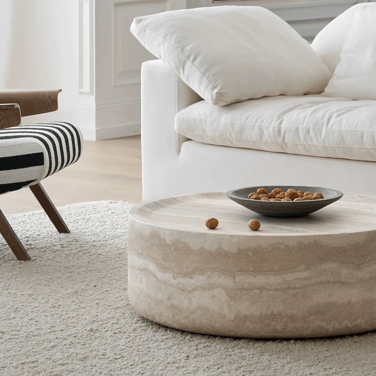 Travertine Textured Sculptural Coffee Table With Concave Edge