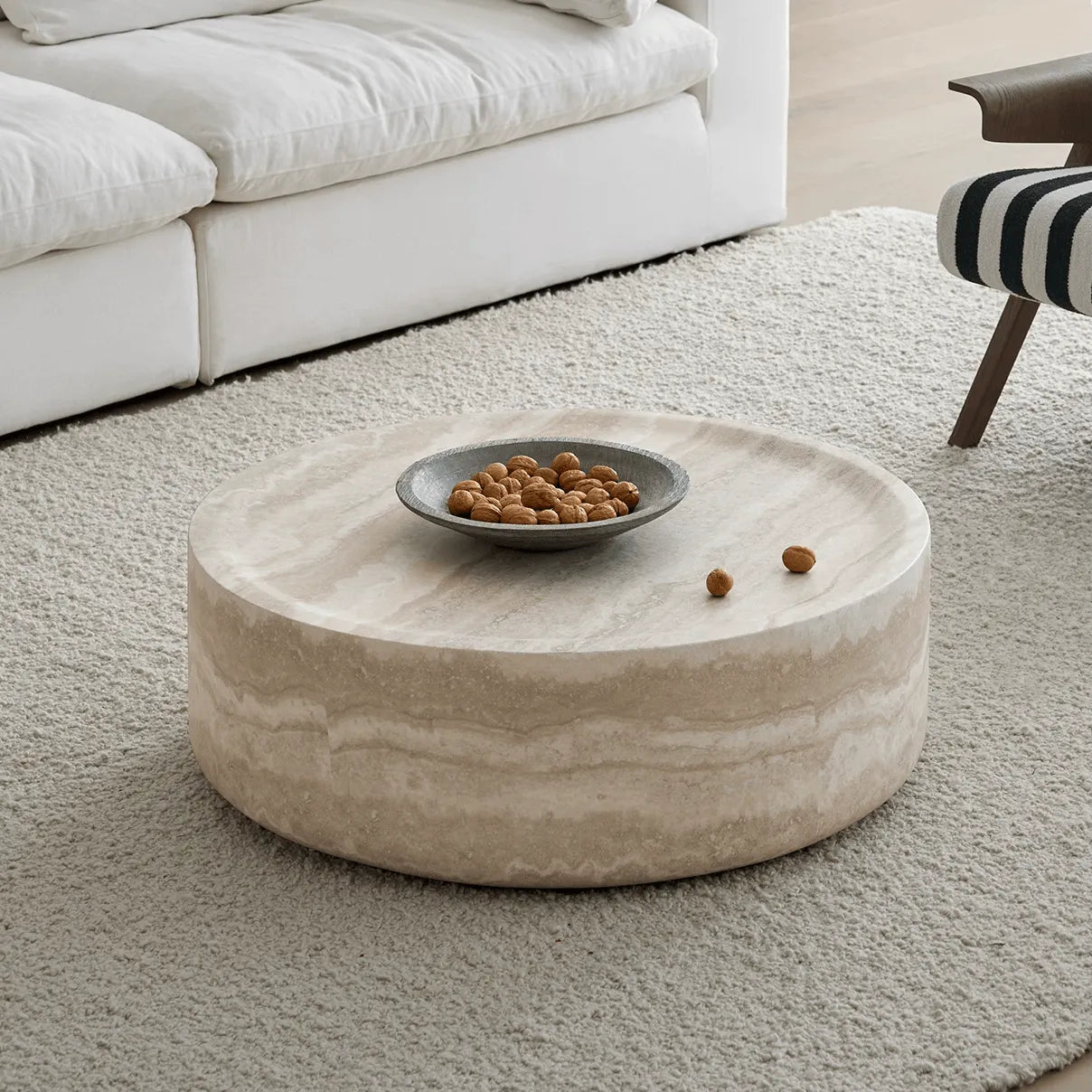 Travertine Textured Sculptural Coffee Table With Concave Edge