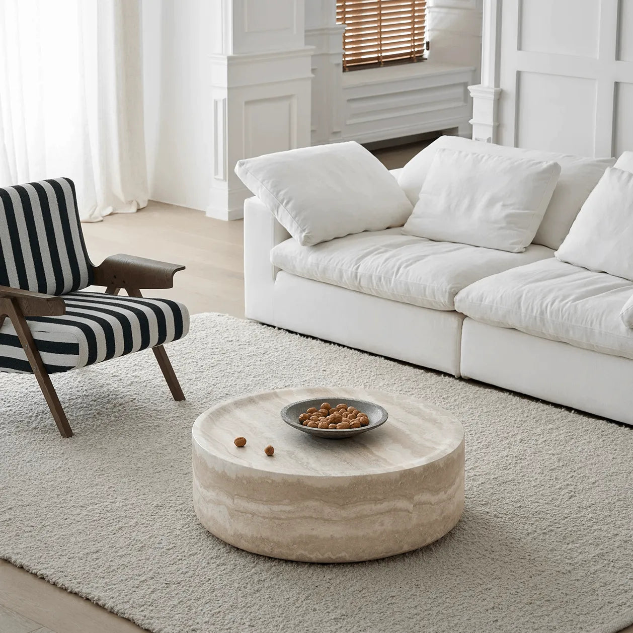 Travertine Textured Sculptural Coffee Table With Concave Edge