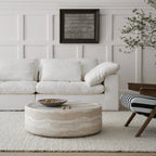 Travertine Textured Sculptural Coffee Table With Concave Edge