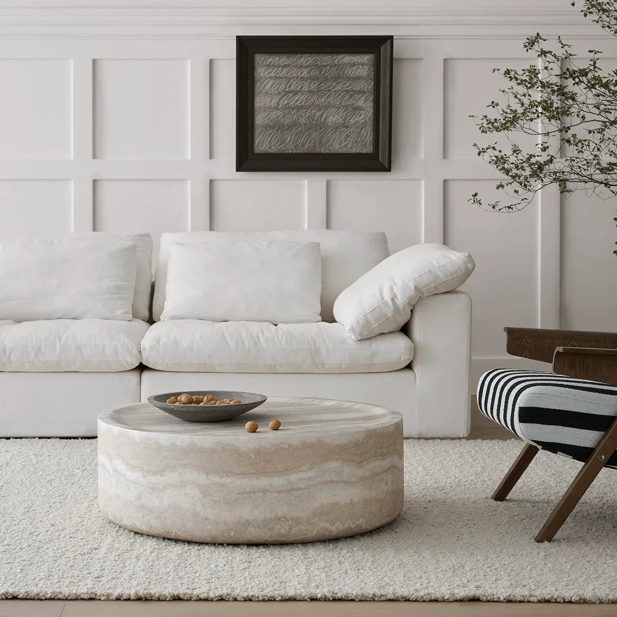 Travertine Textured Sculptural Coffee Table With Concave Edge