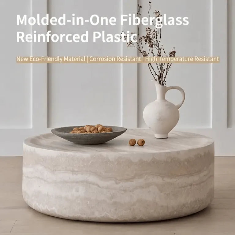 Travertine Textured Sculptural Coffee Table With Concave Edge