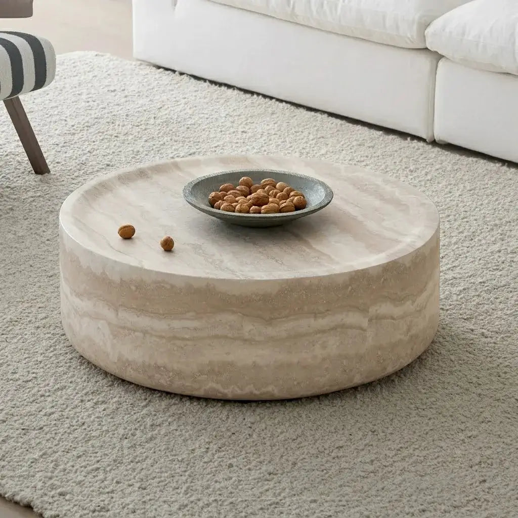 Travertine Textured Sculptural Coffee Table With Concave Edge Main Product Image