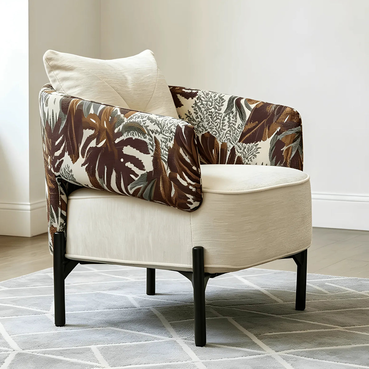 Tropical Botanical Accent Chair With Barrel Silhouette and Metal Base