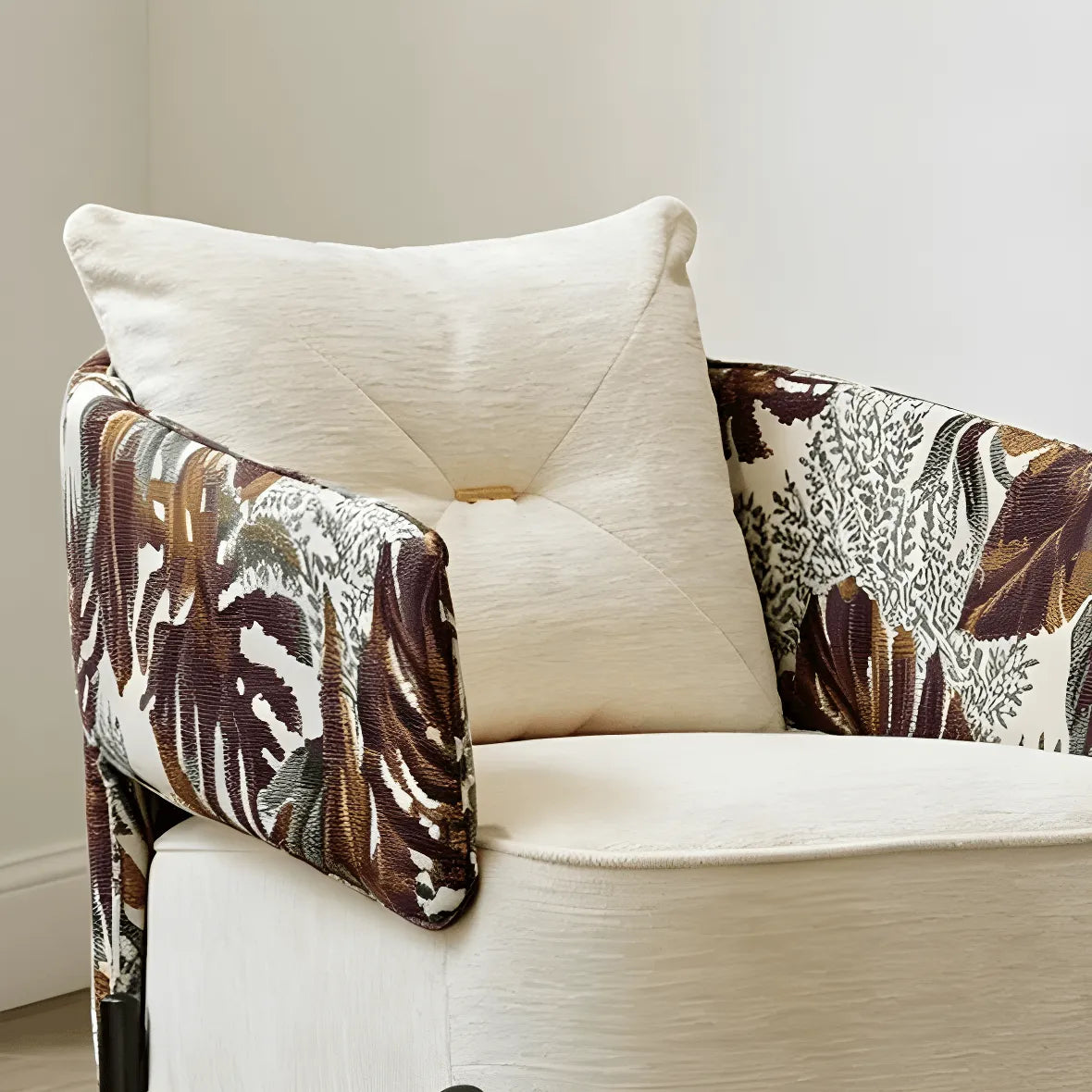 Tropical Botanical Accent Chair With Barrel Silhouette and Metal Base