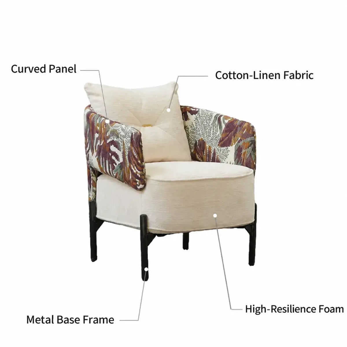 Tropical Botanical Accent Chair With Barrel Silhouette and Metal Base