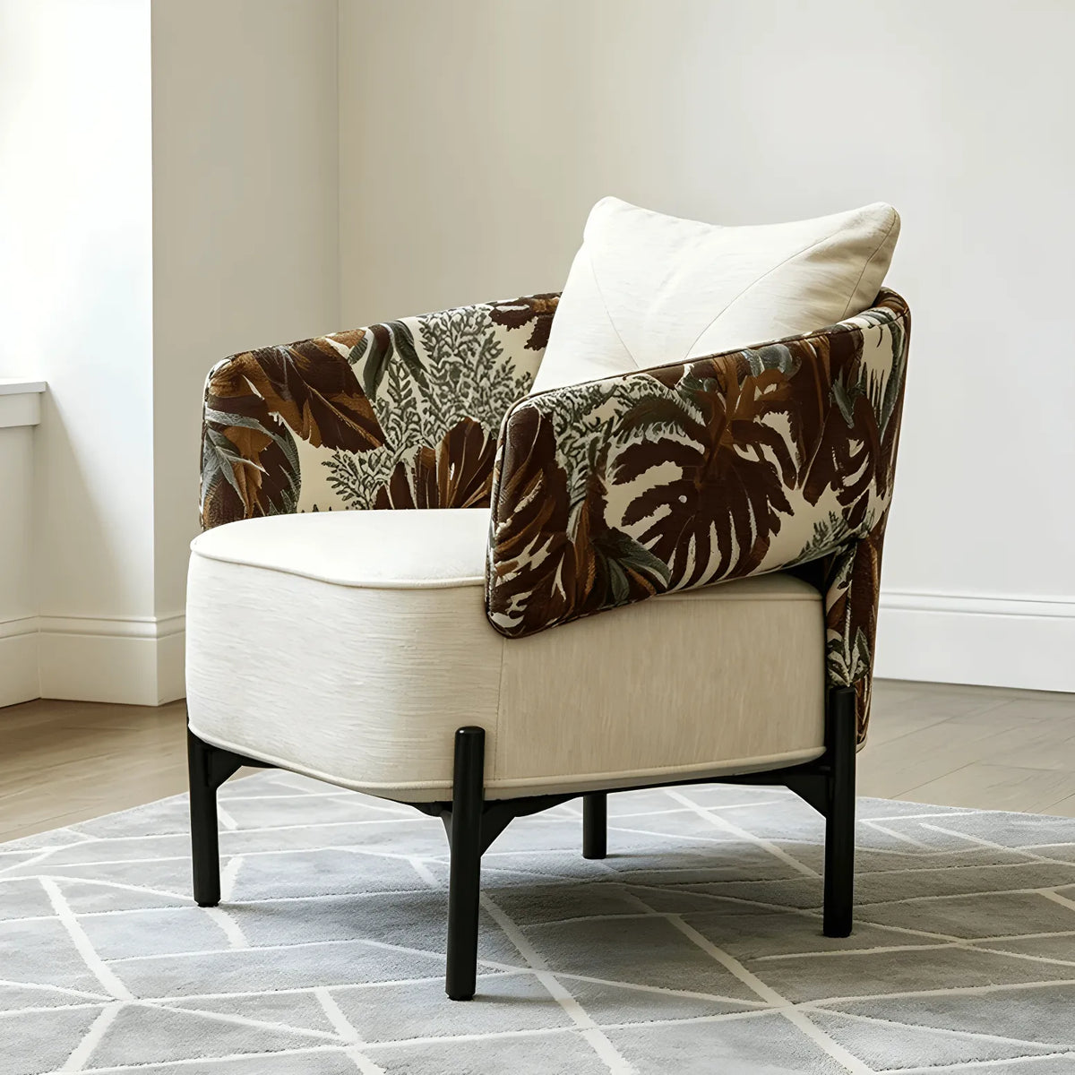 Tropical Botanical Accent Chair With Barrel Silhouette and Metal Base