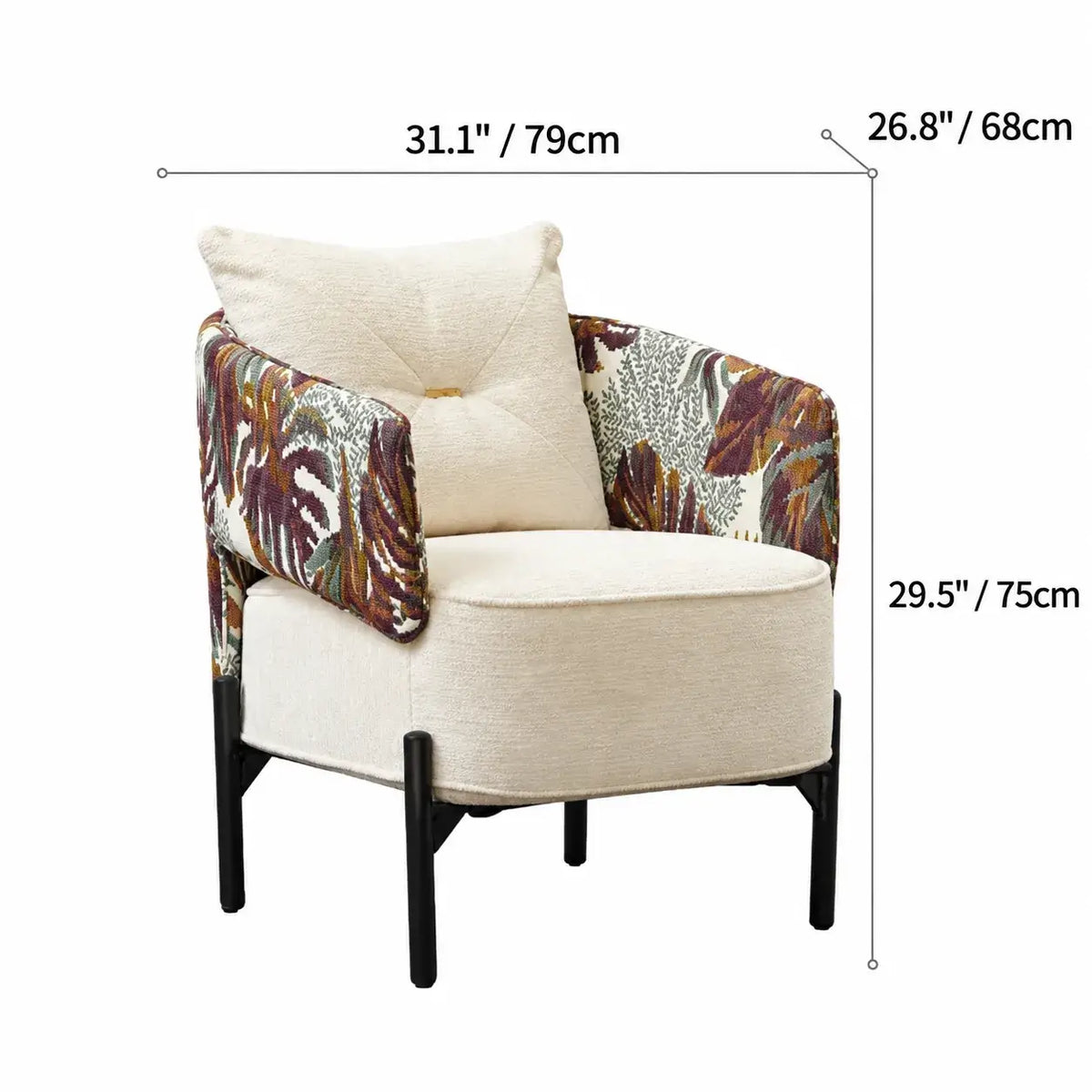 Tropical Botanical Accent Chair With Barrel Silhouette and Metal Base Dimensions