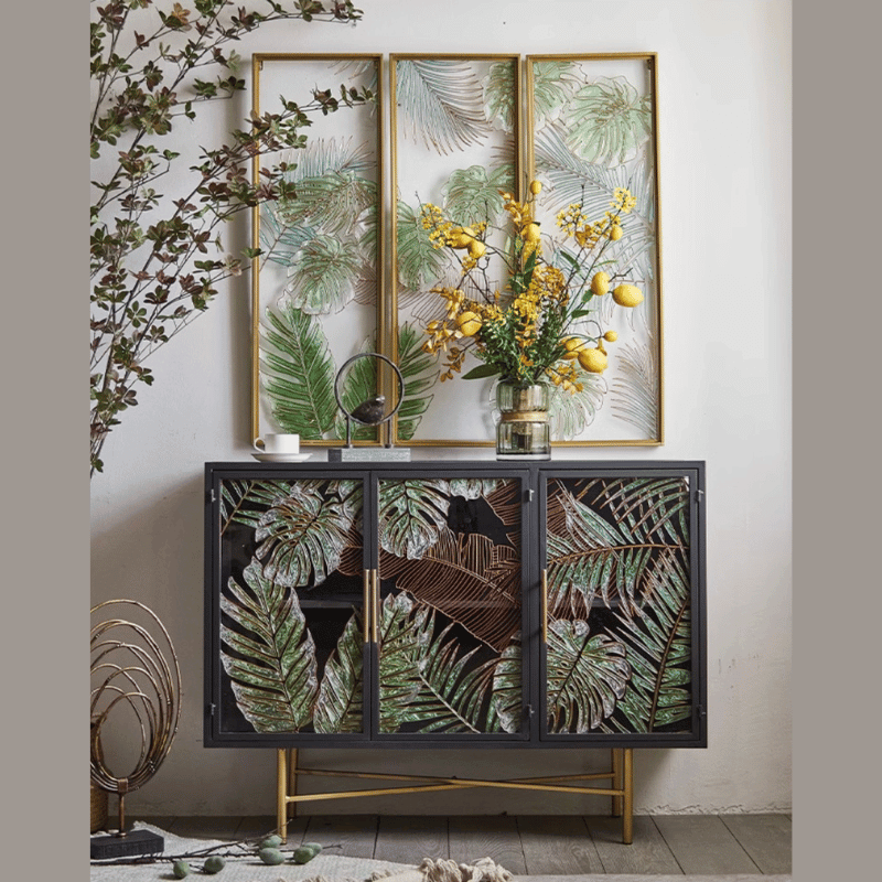 Tropical Palm Leaves Sideboard With Gold Metal Base