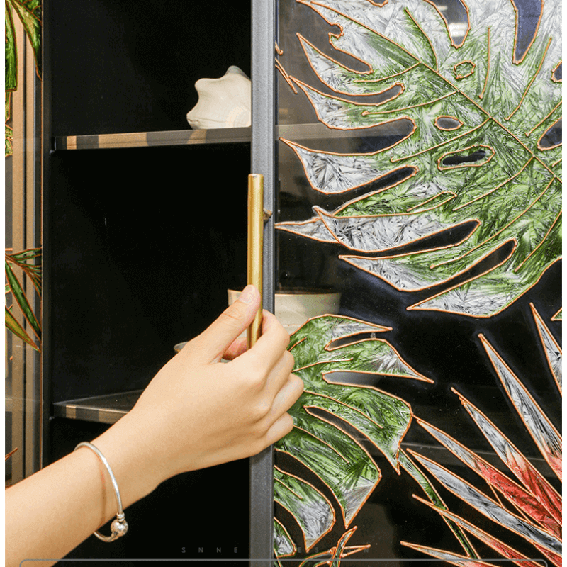 Tropical Palm Leaves Sideboard With Gold Metal Base