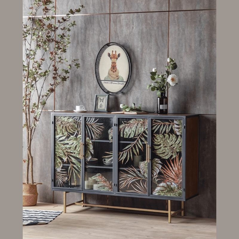 Tropical Palm Leaves Sideboard With Gold Metal Base