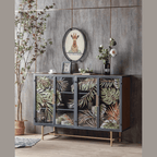 Tropical Palm Leaves Sideboard With Gold Metal Base