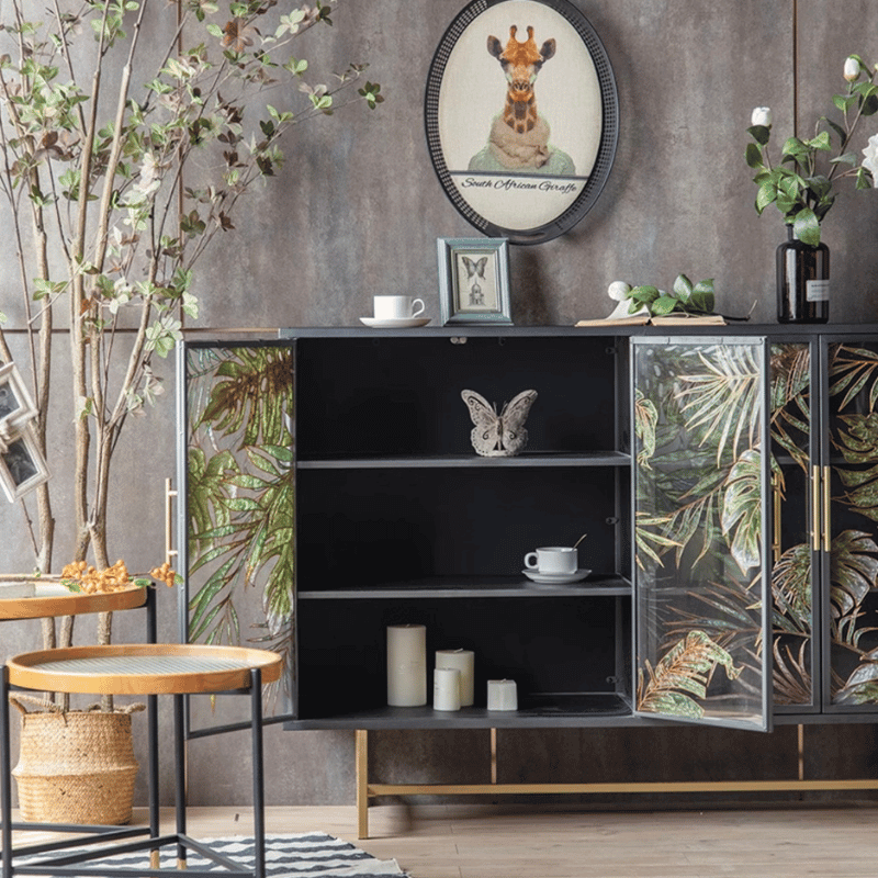 Tropical Palm Leaves Sideboard With Gold Metal Base