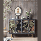 Tropical Palm Leaves Sideboard With Gold Metal Base