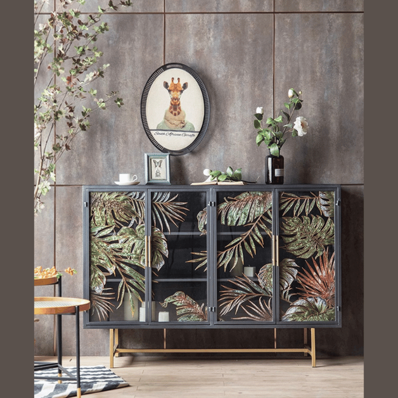 Tropical Palm Leaves Sideboard With Gold Metal Base