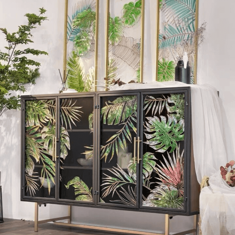 Tropical Palm Leaves Sideboard With Gold Metal Base