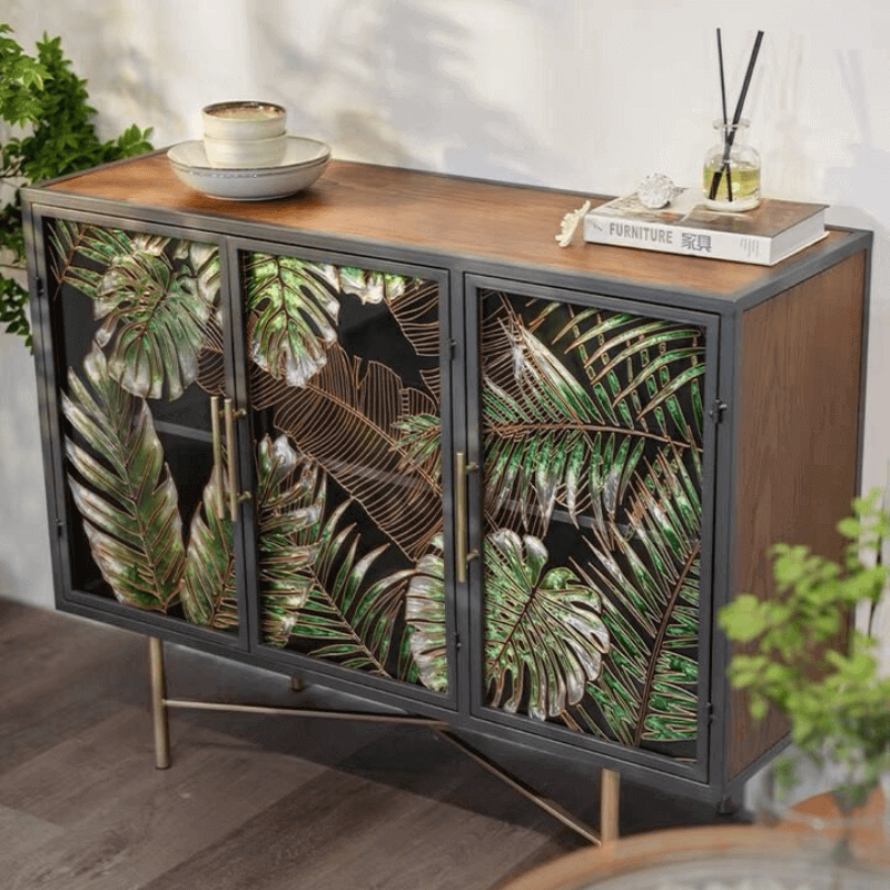 Tropical Palm Leaves Sideboard With Gold Metal Base Main Product Image Image principale du produit