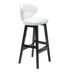 Tufted Leather Bar Stool with Low Curved Back and X-Brace Wood Legs