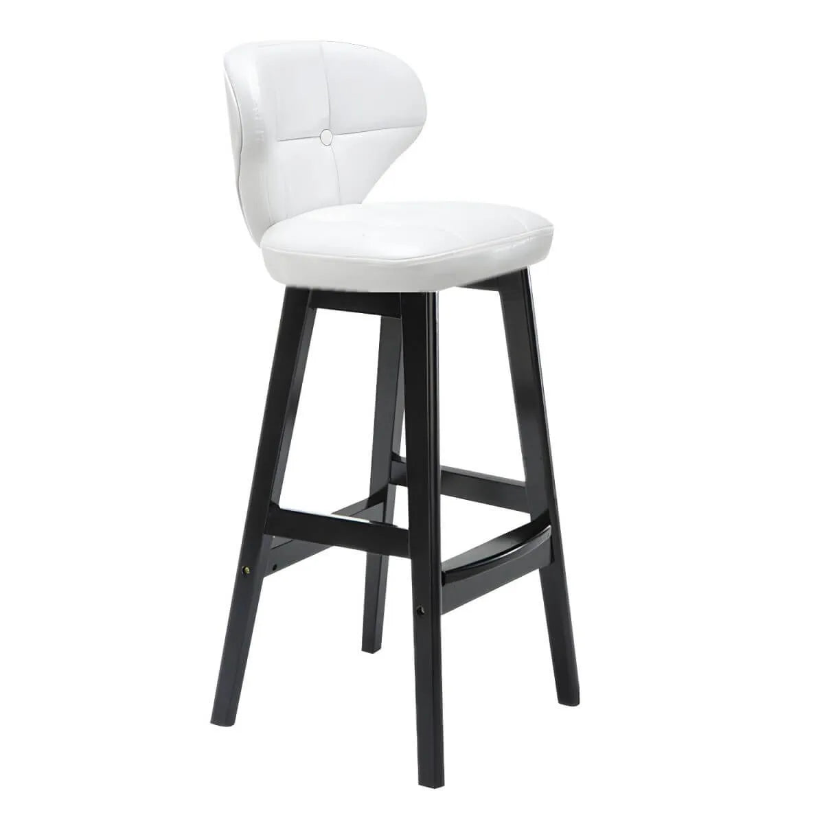 Tufted Leather Bar Stool with Low Curved Back and X-Brace Wood Legs