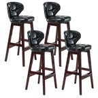 Tufted Leather Bar Stool with Low Curved Back and X-Brace Wood Legs