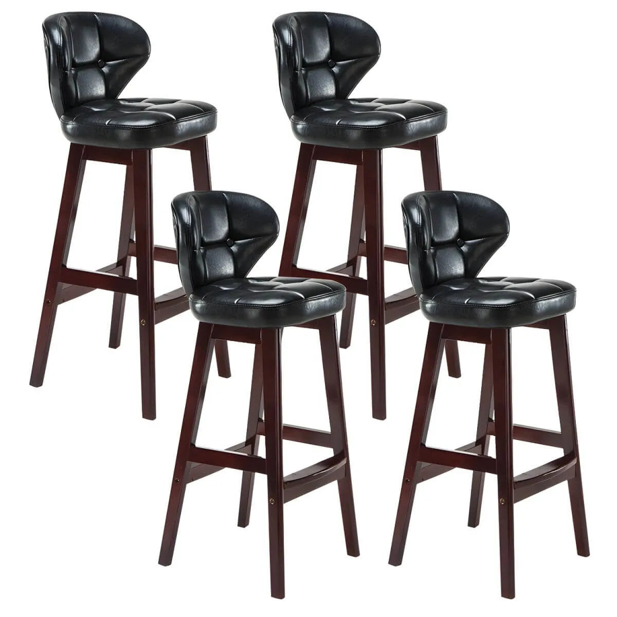 Tufted Leather Bar Stool with Low Curved Back and X-Brace Wood Legs