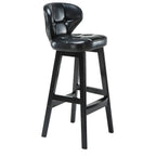Tufted Leather Bar Stool with Low Curved Back and X-Brace Wood Legs