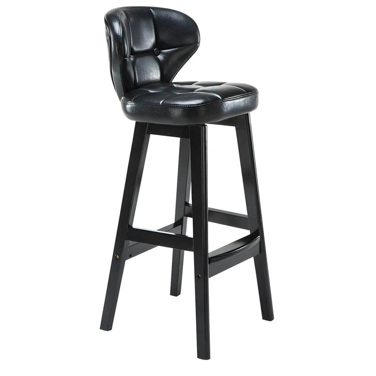 Tufted Leather Bar Stool with Low Curved Back and X-Brace Wood Legs