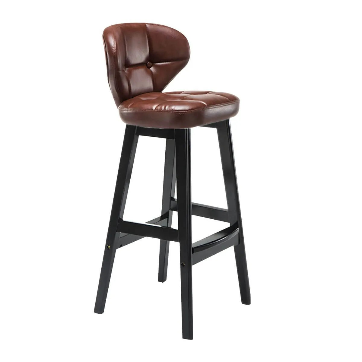 Tufted Leather Bar Stool with Low Curved Back and X-Brace Wood Legs