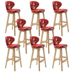 Tufted Leather Bar Stool with Low Curved Back and X-Brace Wood Legs