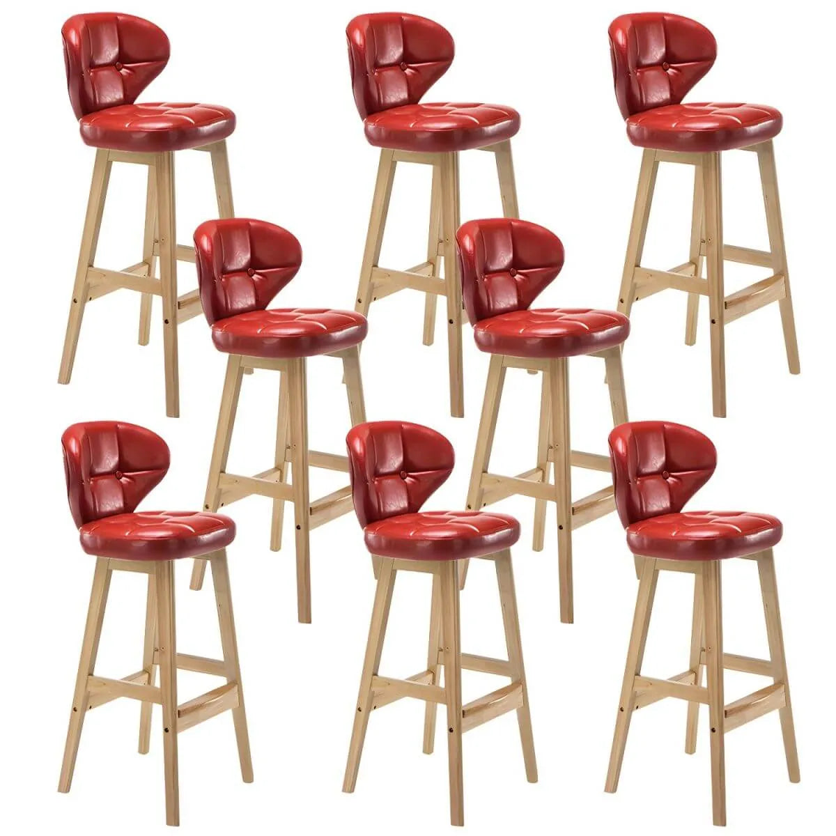 Tufted Leather Bar Stool with Low Curved Back and X-Brace Wood Legs