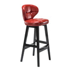 Tufted Leather Bar Stool with Low Curved Back and X-Brace Wood Legs