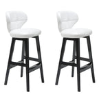Tufted Leather Bar Stool with Low Curved Back and X-Brace Wood Legs