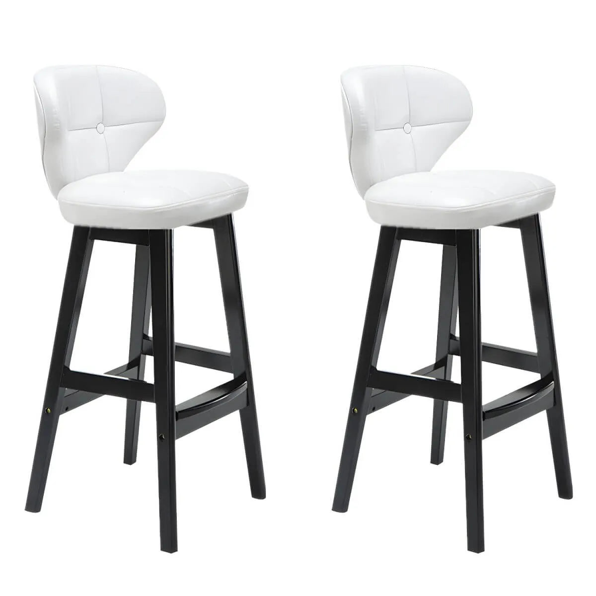 Tufted Leather Bar Stool with Low Curved Back and X-Brace Wood Legs