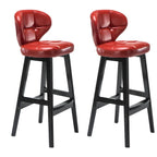 Tufted Leather Bar Stool with Low Curved Back and X-Brace Wood Legs