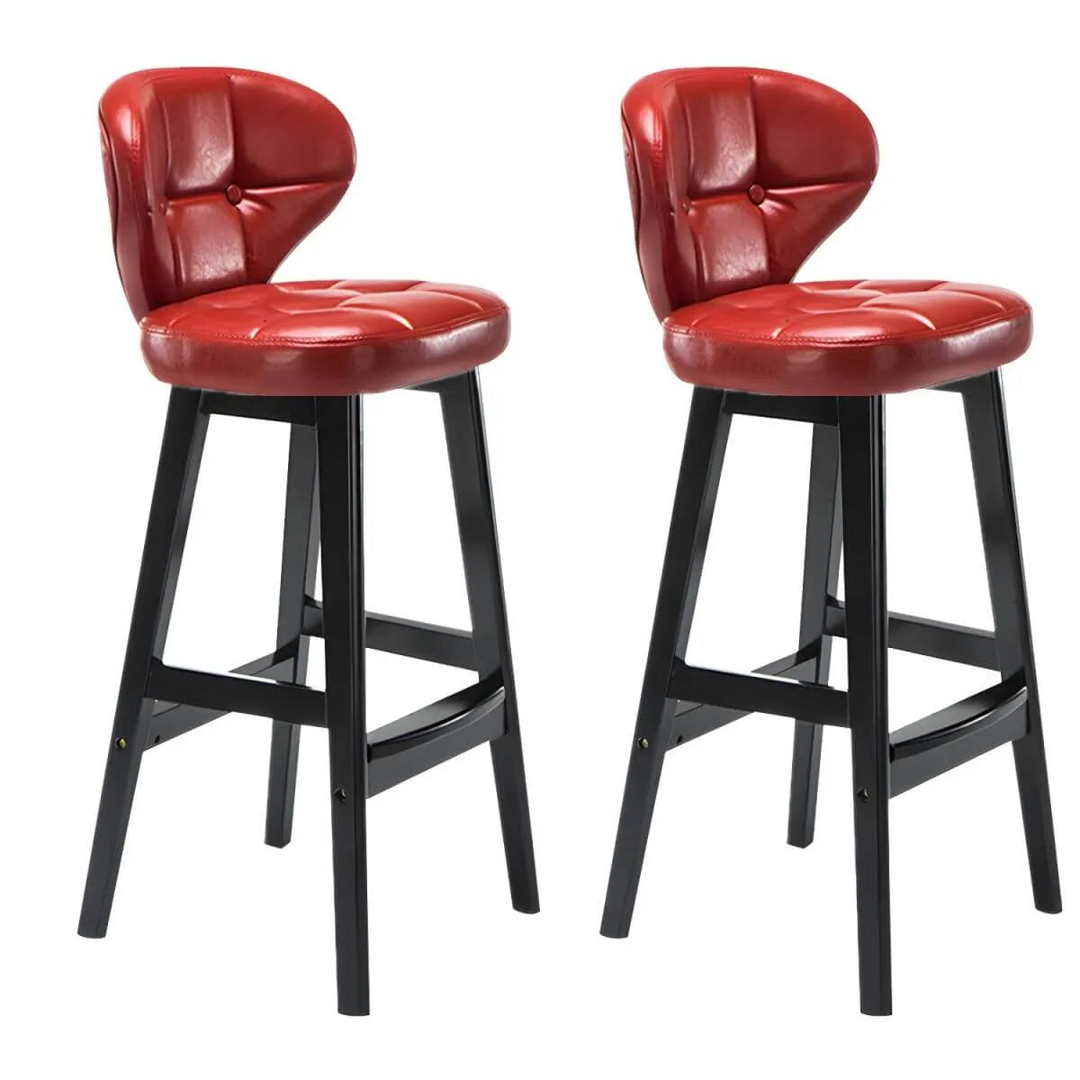 Tufted Leather Bar Stool with Low Curved Back and X-Brace Wood Legs